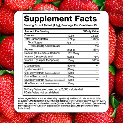 PLIX Glowy Skin Glutathione Effervescent Tablets with Vitamin C, Vitamin E & Hyaluronic Acid – Strawberry Flavour, 15 Tablets