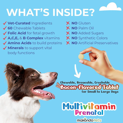 Dog Prenatal Vitamins – Multivitamin for Cats and Dogs with Folic Acid, Calcium, Iron, Minerals and Amino Acids