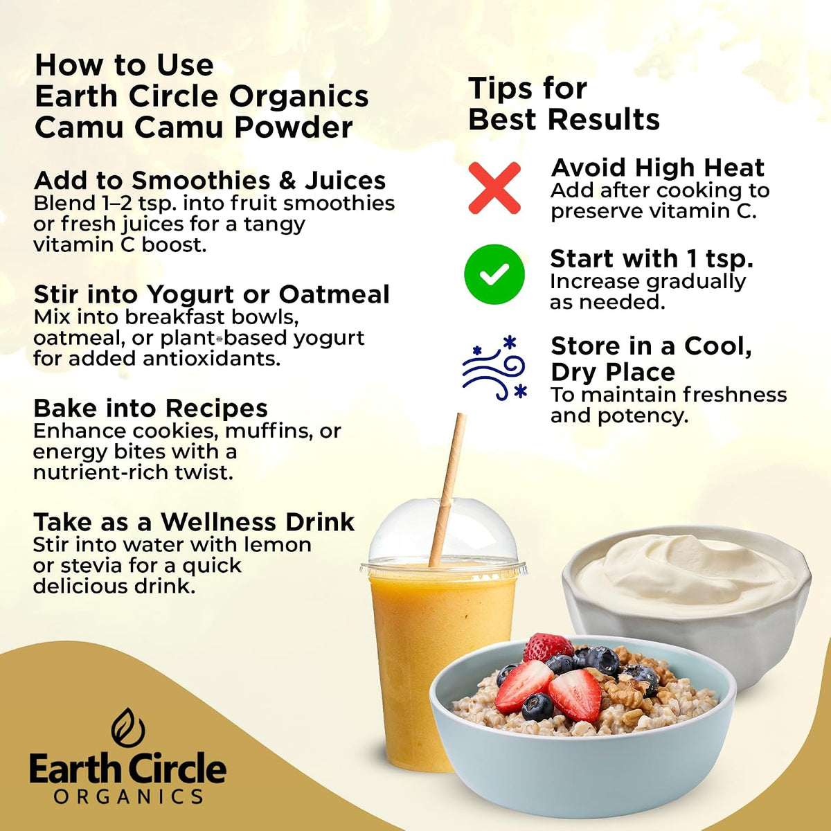 Earth Circle Organics Camu Camu Powder – Organic Raw Berry Powder with Natural Vitamin C & Antioxidants – Vegan, Kosher, Non-GMO Superfood – 85g (Pack of 3) - görsel 6