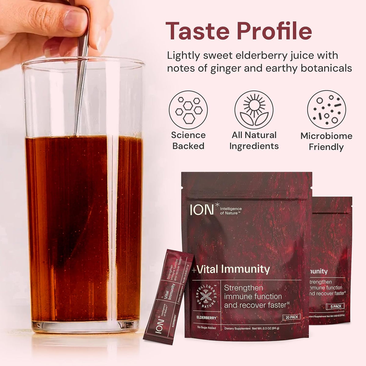 ION* Intelligence of Nature Vital Immunity Drink Mix - Immune Support with Vitamin C & Adaptogen Mushrooms, Daily Wellness Drink Packet Supplement, Travel Friendly - Elderberry Flavour, 20 Packets - görsel 6