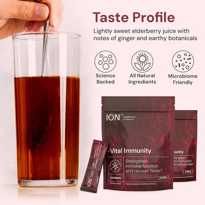 ION* Intelligence of Nature Vital Immunity Drink Mix - Immune Support with Vitamin C & Adaptogen Mushrooms, Daily Wellness Drink Packet Supplement, Travel Friendly - Elderberry Flavour, 20 Packets