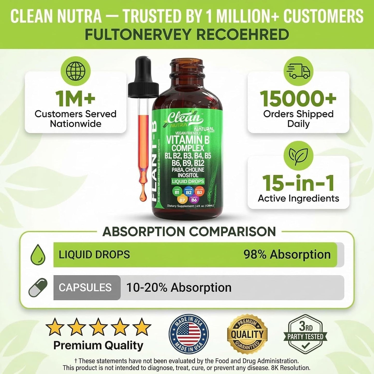 Vitamin B Complex Liquid Drops - Plant B Vitamin Supplement with Methylated B12, Choline and Probiotics - görsel 7