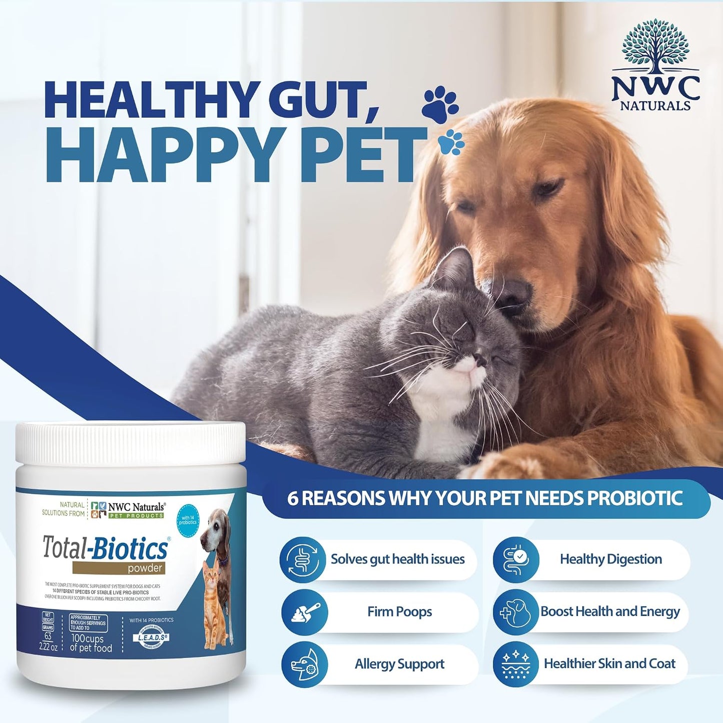NWC Naturals Total-Biotics Probiotic for Dogs & Cats - Digestive Health Powder, 100 Servings - görsel 3