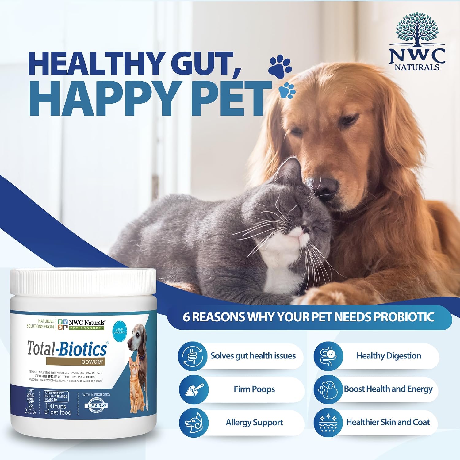 NWC Naturals Total-Biotics Probiotic for Dogs & Cats - Digestive Health Powder, 100 Servings - görsel 3
