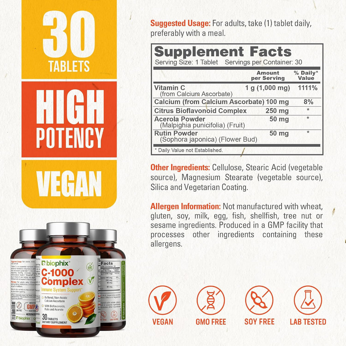 biophix Vitamin C-1000 mg Complex – 30 Tablets – Vegan with Calcium, Citrus Bioflavonoids, Acerola & Rutin – Supports Immune Health - görsel 4