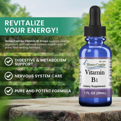 HoneyCombs Vitamin B1 (Thiamine) Supplement Liquid Drops - High Potency for Men & Women - Vegan Liquid B Vitamin (240 ml)