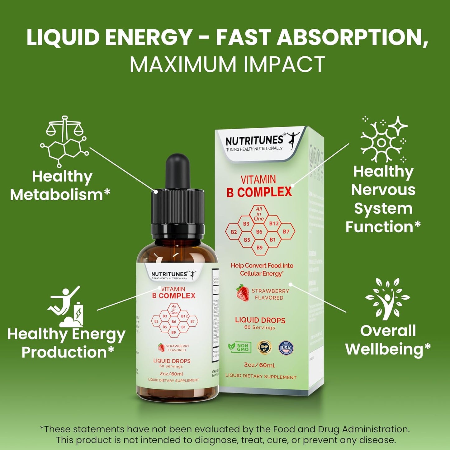 Nutritunes Liquid Vitamin B Complex – High-Potency B-Vitamin Drops – Strawberry Flavour, Non-GMO, Sugar-Free - görsel 2