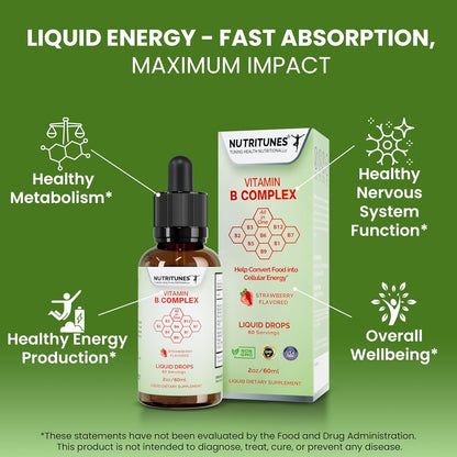 Nutritunes Liquid Vitamin B Complex – High-Potency B-Vitamin Drops – Strawberry Flavour, Non-GMO, Sugar-Free