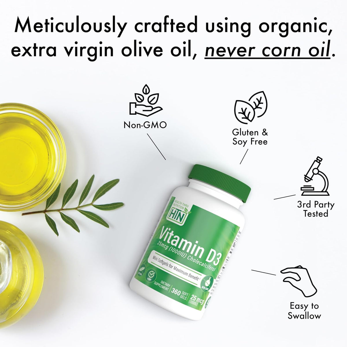 Health Thru Nutrition Vitamin D3 5000iu 360 Mini Softgels for Year Supply | 125mcg Cholecalciferol | Independently Tested | Non-GMO USP Grade in Organic EVOO | Immune Health Support - görsel 3