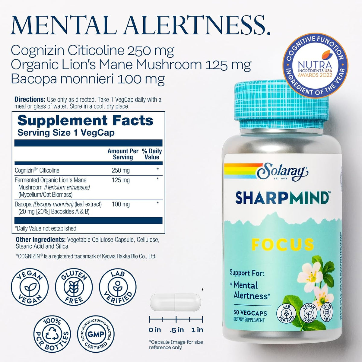 SOLARAY SharpMind Focus - Nootropic Supplement with Cognizin Citicoline, Bacopa Monnieri and Lion's Mane Mushroom - Vegan - 30 Capsules - görsel 2