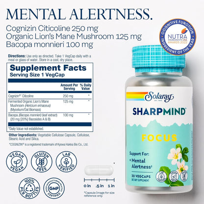 SOLARAY SharpMind Focus - Nootropic Supplement with Cognizin Citicoline, Bacopa Monnieri and Lion's Mane Mushroom - Vegan - 30 Capsules