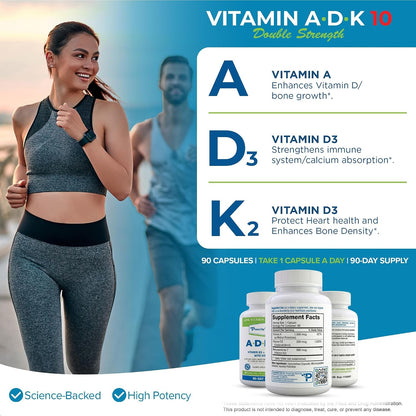 Power By Naturals ADK 10 Food Supplement - Vitamins A, D3 & K2 MK-7 - 90 Capsules