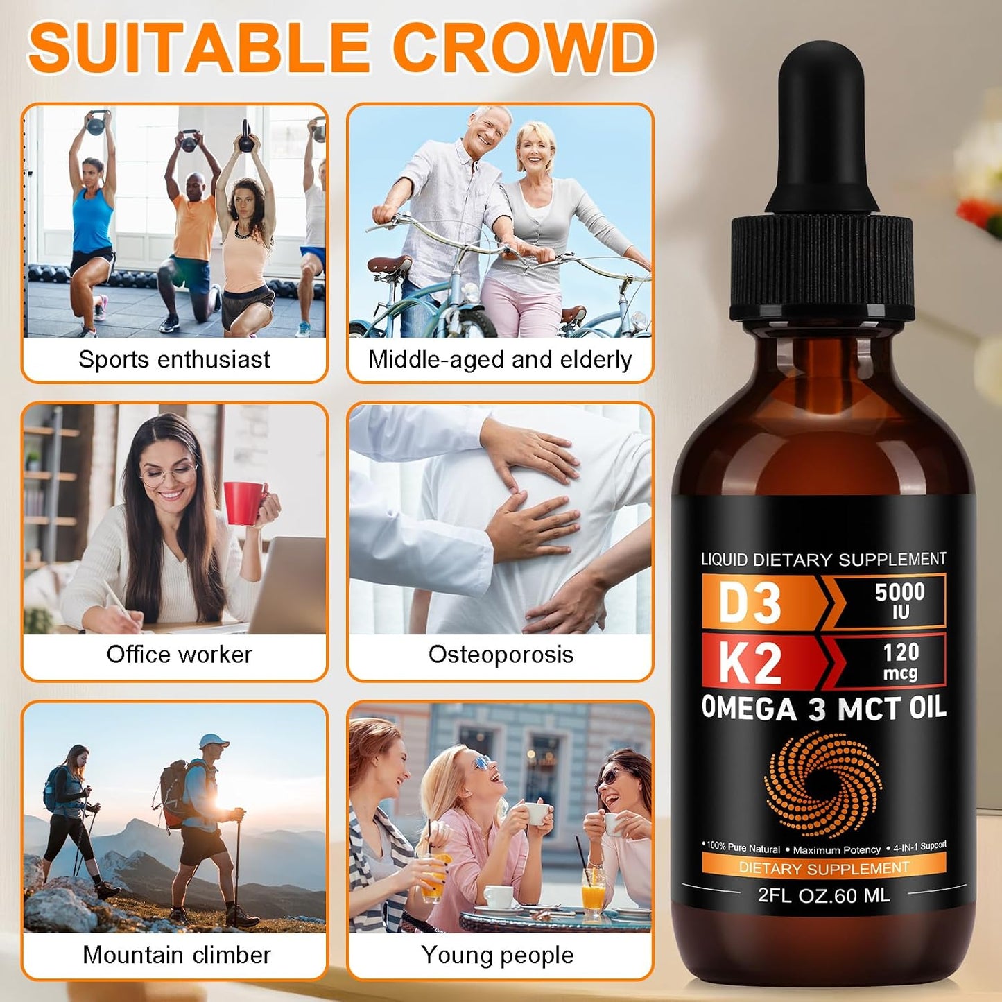 Daiasns Vitamin D3 5000 IU & K2 (MK-7) 120 mcg Liquid Drops with MCT Oil Omega-3 – 2 Month Supply - görsel 8