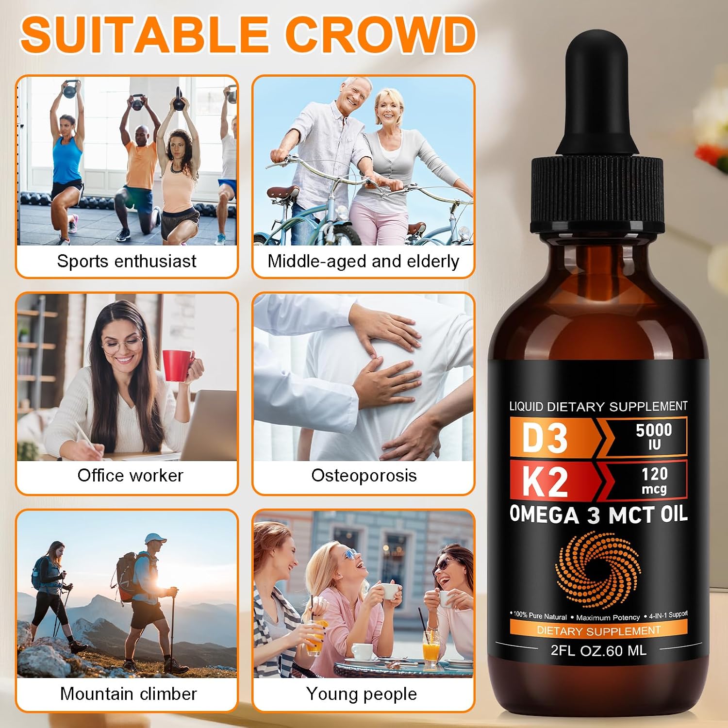 Daiasns Vitamin D3 5000 IU & K2 (MK-7) 120 mcg Liquid Drops with MCT Oil Omega-3 – 2 Month Supply - görsel 8
