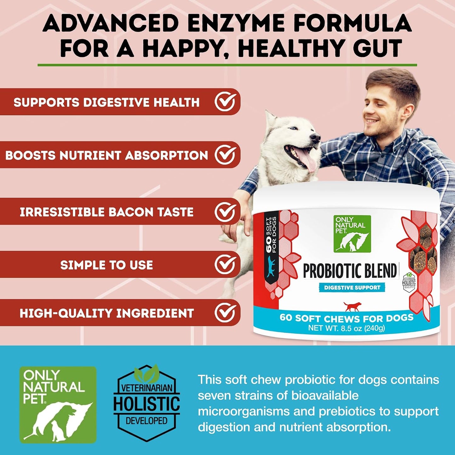 Only Natural Pet Probiotic Dog & Cat Supplement – Digestive and Gut Health Enzyme Formula, Soft Chews, 60 Count - görsel 2