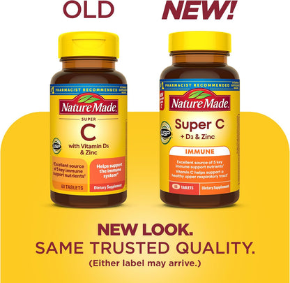 Nature Made Super C Tablets with Vitamin D3 and Zinc, 1000mg Vitamin C for Immune Support, 60 Tablets