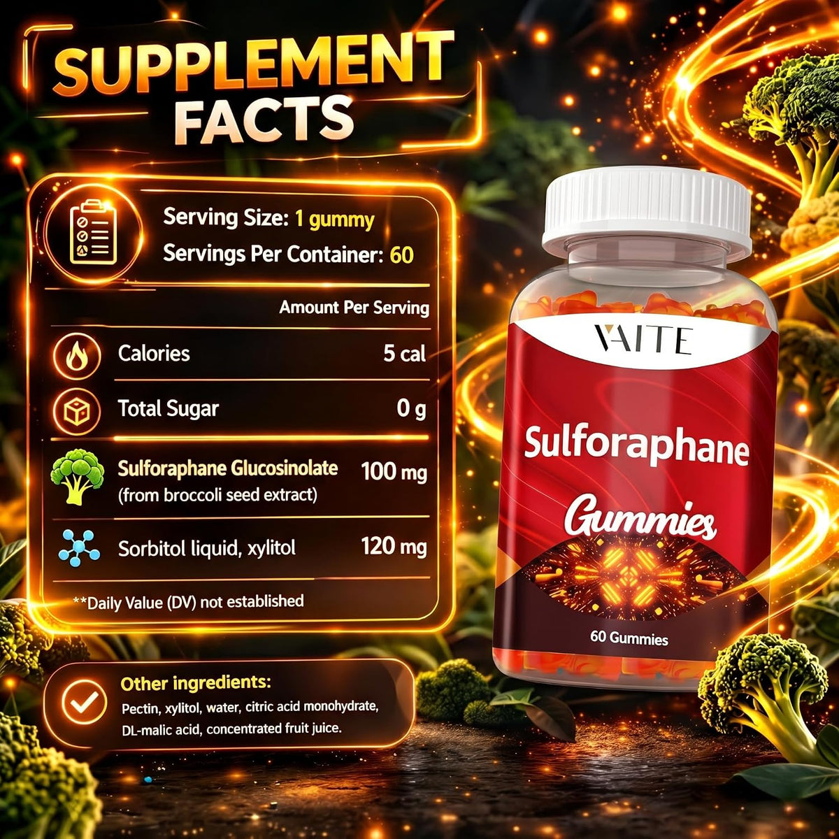 Sulforaphane Glucosinolate Supplement 100mg – Broccoli Seed Extract Gummies, Non-GMO, Gluten-free, 60 Count - görsel 3