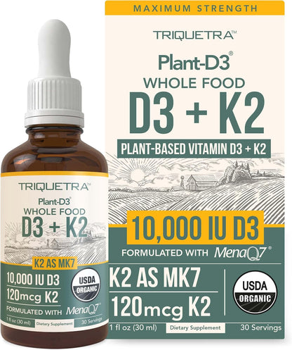 Organic Plant D3 K2 Vitamin - 10,000 IU D3 + 120 µg K2 (MK-7) Sublingual Drops
