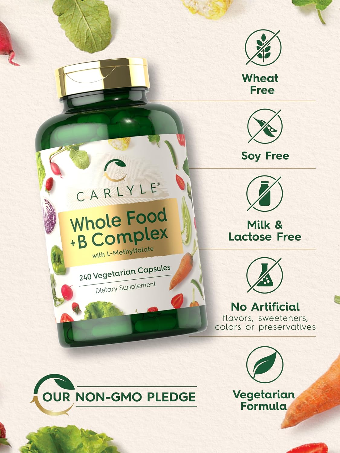 Carlyle Vitamin B Complex Whole Foods Blend | 240 Capsules | with B1, B2, B6, B12, Biotin, Niacin, and Methylfolate | Vegetarian, Non-GMO & Gluten-free Supplement - görsel 5