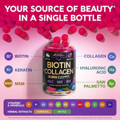 NUTRAHARMONY Biotin Gummies with Collagen - Hair, Skin and Nail Support - 10000mcg, Sugar-Free, Mixed Berry, 60 Gummies