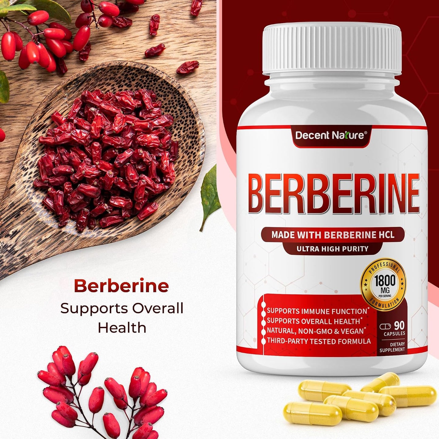 DECENT NATURE Berberine HCl 1800mg - 97% High Purity Supplement, 90 Vegan Capsules - görsel 7