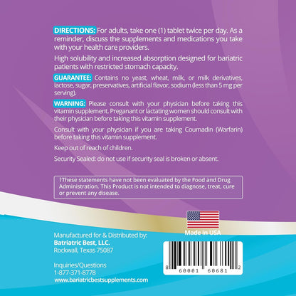 High ADEK Bariatric Multivitamin - for DS, SADI & BPD/DS Surgery - 60 Tablets