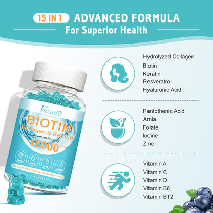 Vazatisi Biotin with Collagen Gummies - Hair, Skin & Nails Supplements - Sugar Free, Blueberry Flavour, 60 Count
