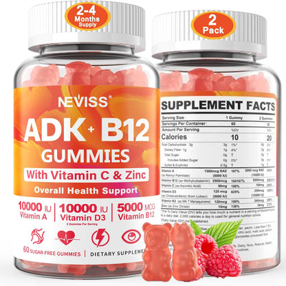 NEVISS Sugar-Free ADK + Vitamin B12 Gummies – Multivitamin with D3, K2 (MK-7), A, C, Zinc, Methyl B12 – Vegan, 120 Gummies