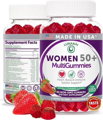 Lunakai Made in USA 50 Plus Women's Multivitamin Gummies - Delicious Strawberry Flavour - 60 Count