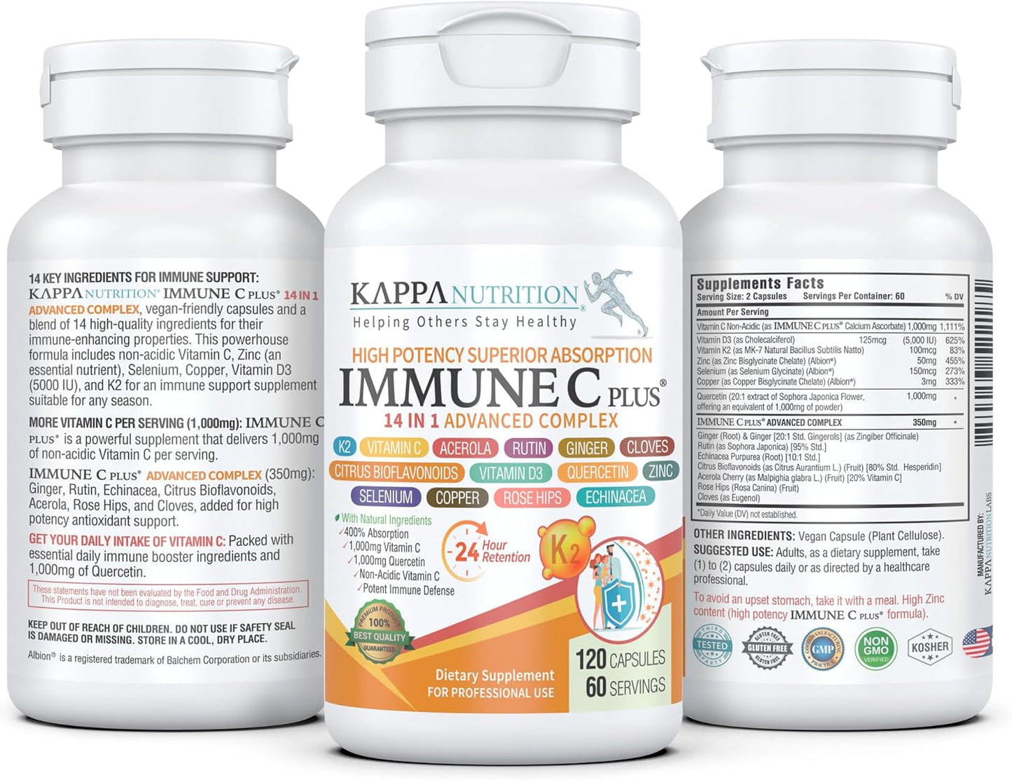 Quercetin 1,000mg, Vitamin C 1,000mg, Zinc 50mg, Vitamin D3 5,000 IU, Selenium, Copper, Acerola, Ginger, Rutin, Bitter Orange, Rose Hips, Echinacea, Immune C Plus, 14 in 1 Immune C Plus (120 Capsules) - görsel 2