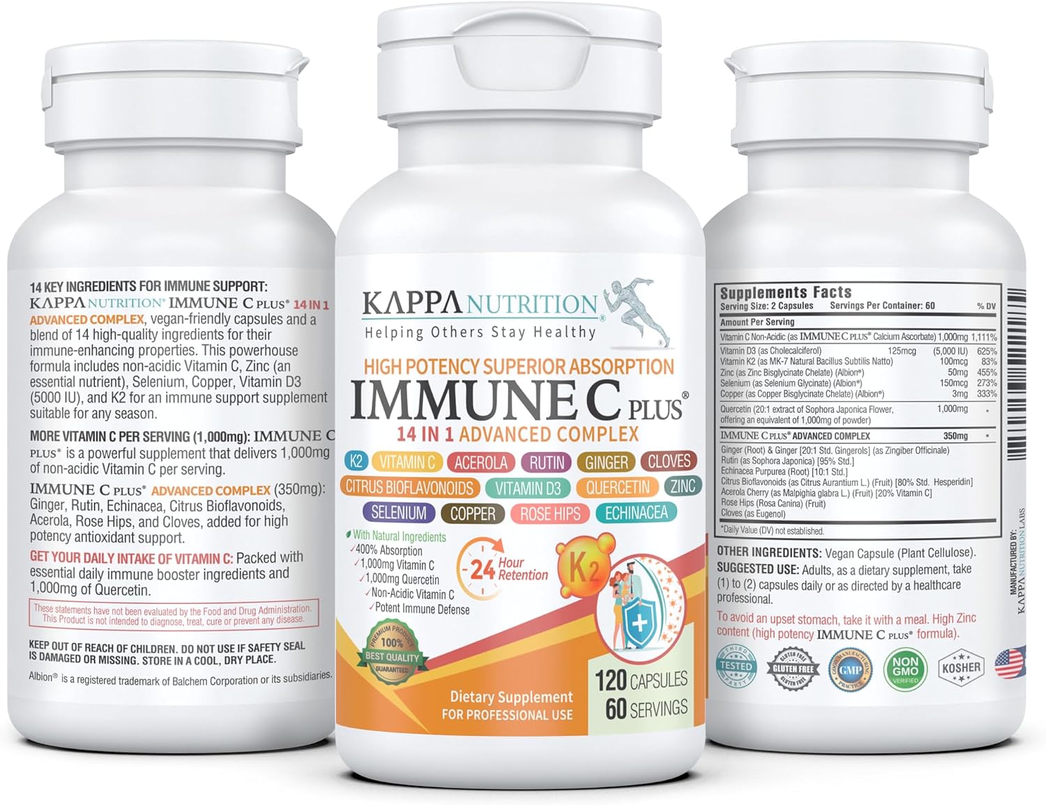 Quercetin 1,000mg, Vitamin C 1,000mg, Zinc 50mg, Vitamin D3 5,000 IU, Selenium, Copper, Acerola, Ginger, Rutin, Bitter Orange, Rose Hips, Echinacea, Immune C Plus, 14 in 1 Immune C Plus (120 Capsules) - görsel 2