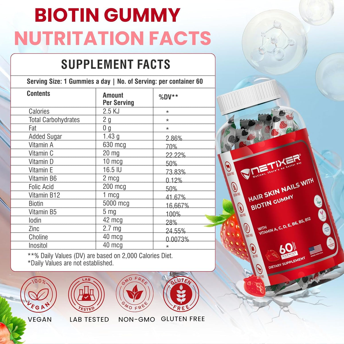 Biotin Gummies 5000 mcg | Multivitamin Gummies | Vitamins A C D E B6 B12 with Zinc | Strawberry Flavour | Vegan | Individually Wrapped | 60 Count - görsel 2