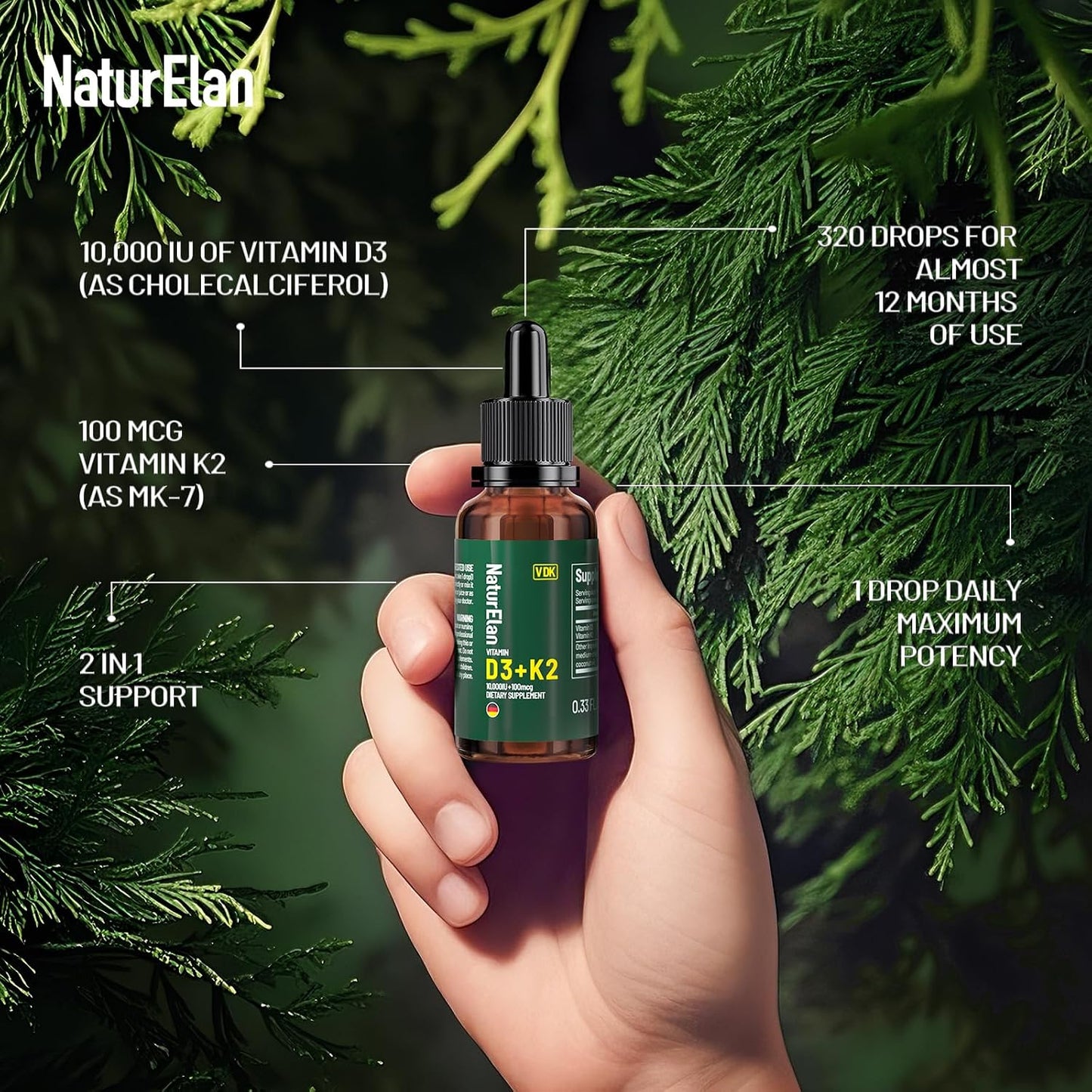 Organic Vitamin D3 K2 Drops with MCT Oil - 10,000 IU D3 + 100 mcg K2 (MK-7) - 320 Servings - görsel 3