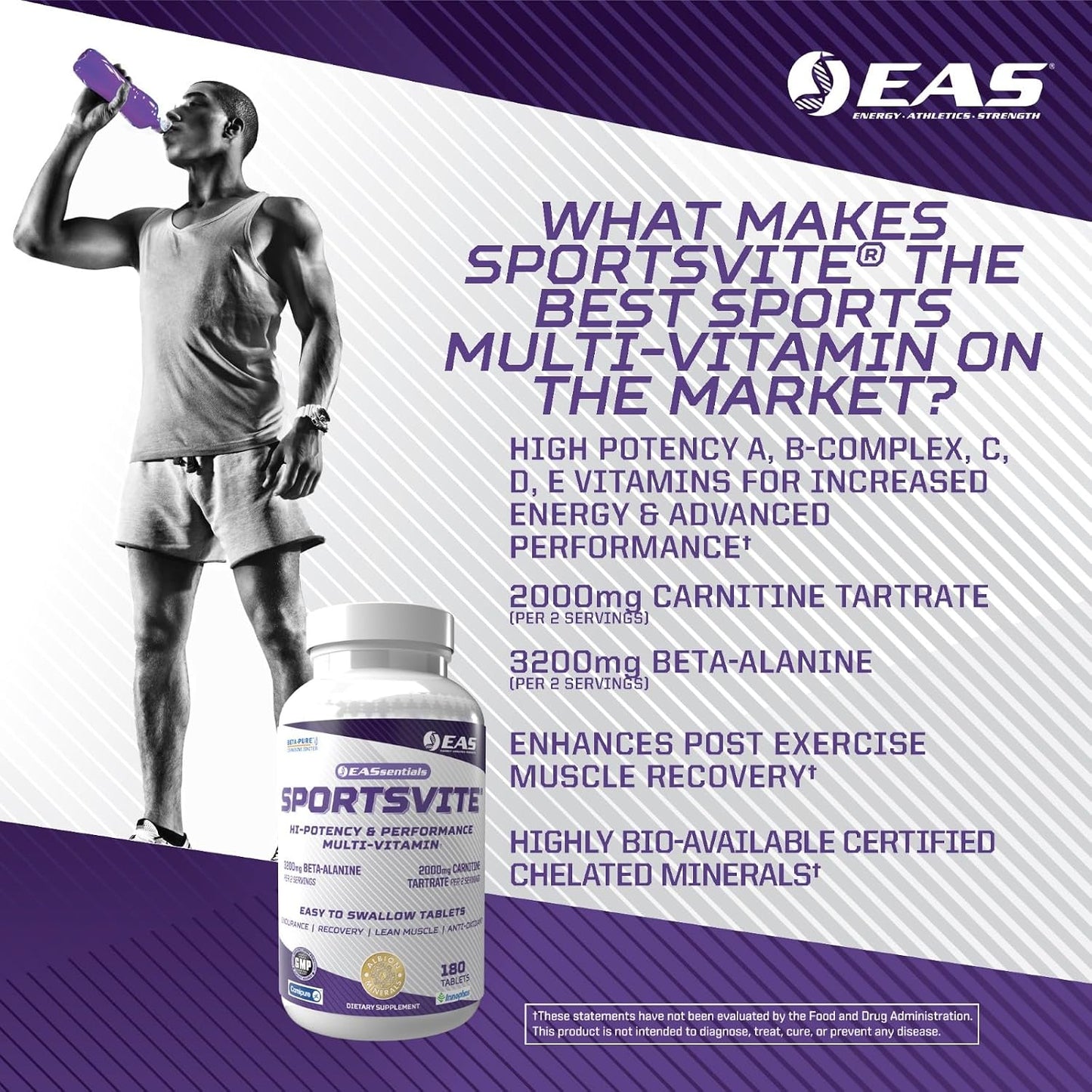 EAS SportsVite High Potency Multivitamin for Athletes | Vitamin & Mineral Nutrient Blend | 2300mg Beta Alanine, 2000mg Carnitine Tartrate | 180 Tablets - görsel 4