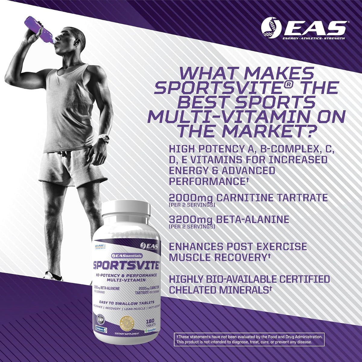 EAS SportsVite High Potency Multivitamin for Athletes | Vitamin & Mineral Nutrient Blend | 2300mg Beta Alanine, 2000mg Carnitine Tartrate | 180 Tablets - görsel 4