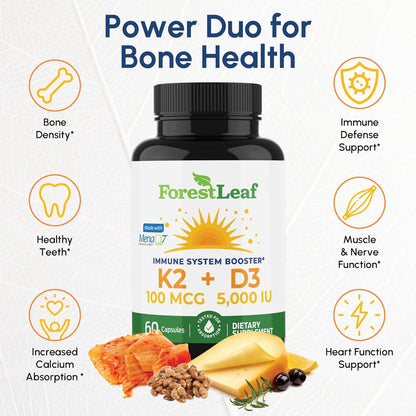 ForestLeaf Vitamin D3 + K2 (MK7) Supplement - 5000 IU with MenaQ7 - 60 Vegetarian Capsules