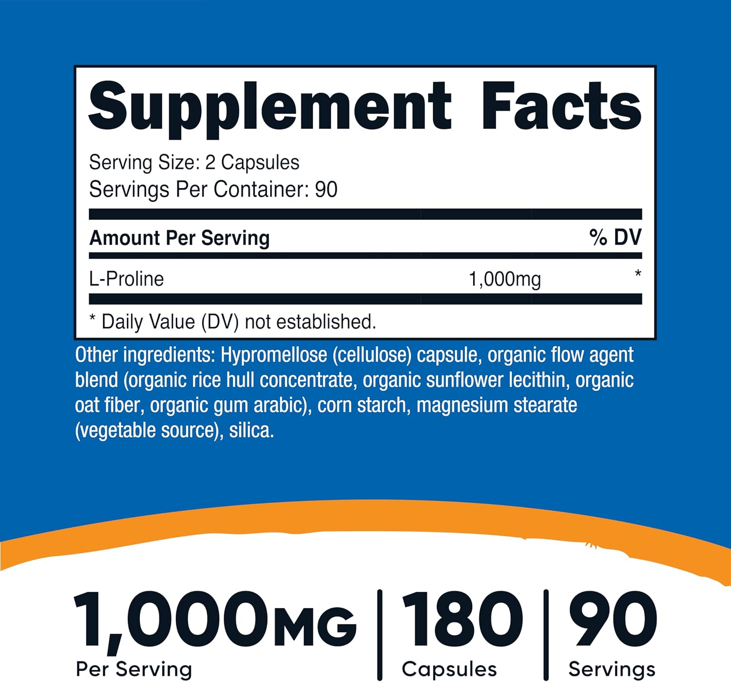Nutricost L-Proline 1000mg, 180 Capsules (90 Servings) - 500mg Per Cap, Non-GMO, Gluten-free - görsel 2