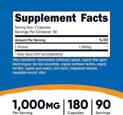 Nutricost L-Proline 1000mg, 180 Capsules (90 Servings) - 500mg Per Cap, Non-GMO, Gluten-free