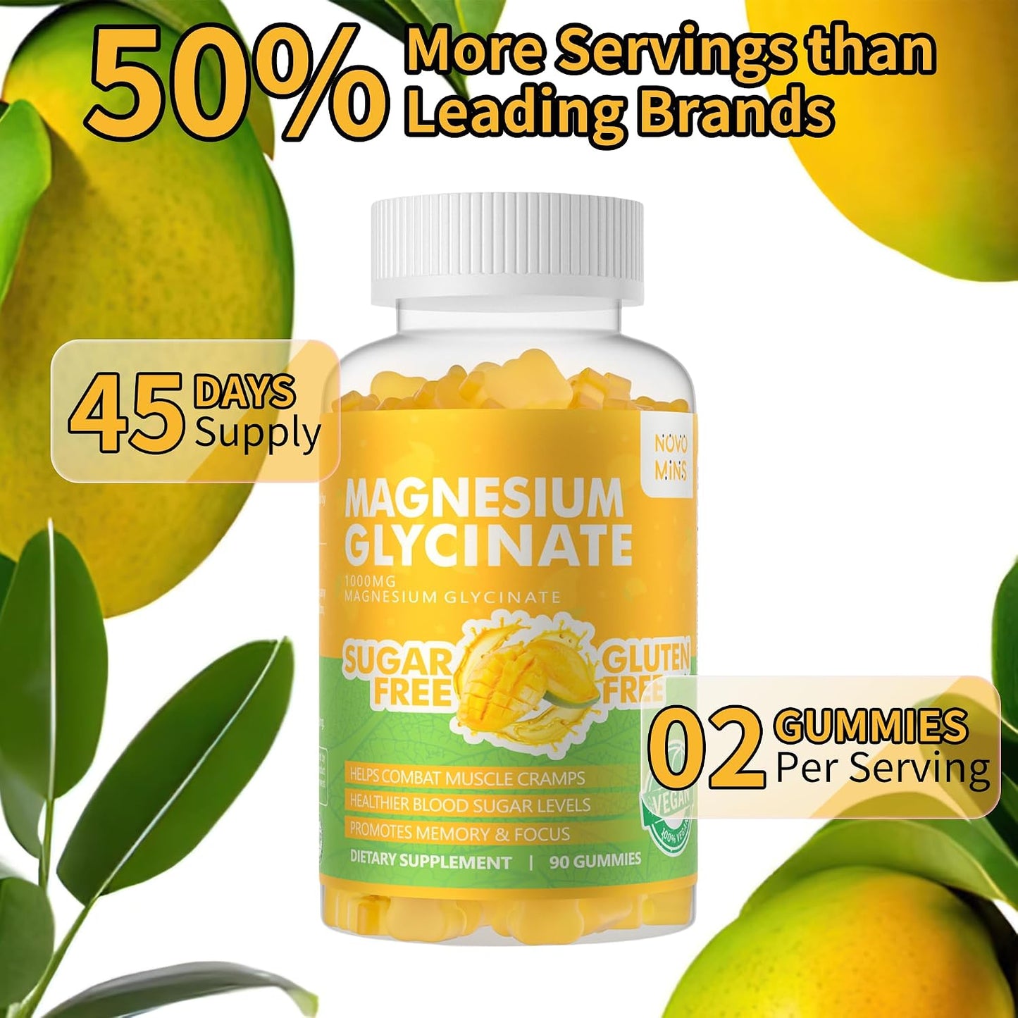 90 CT Magnesium Glycinate Gummies 1000mg - Sugar Free Magnesium Potassium Supplement with Vitamin D, B6, CoQ10 for Calm Mood & Sleep Support - 90 Mango Pineapple Gummies - görsel 5