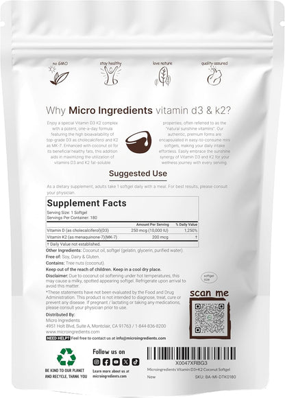 Micro Ingredients Vitamin D3 10,000 IU + K2 MK-7 200 µg, 300 Mini Soft gel capsules with MCT Coconut Oil - 2-in-1 Vitamins D & K Complex - Extra Strength, Non-GMO, Gluten-free