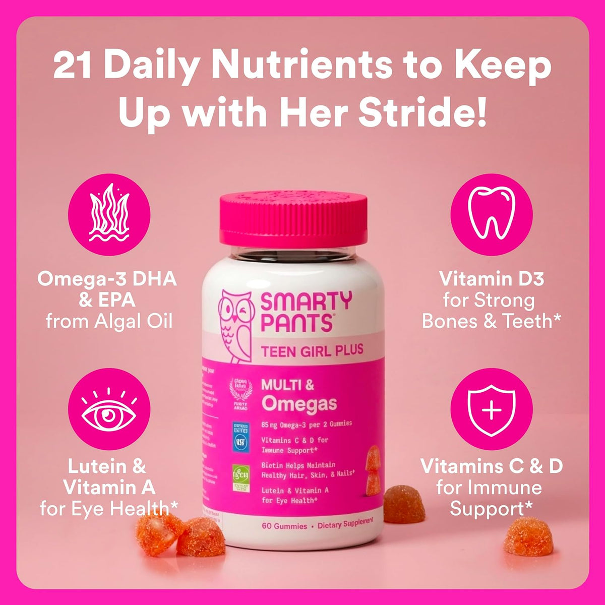 SmartyPants Teen Girl Multivitamin Gummies - Omega-3, Vitamin C, D3, B12, Biotin - 60 Gummies (30 Day Supply) - görsel 2