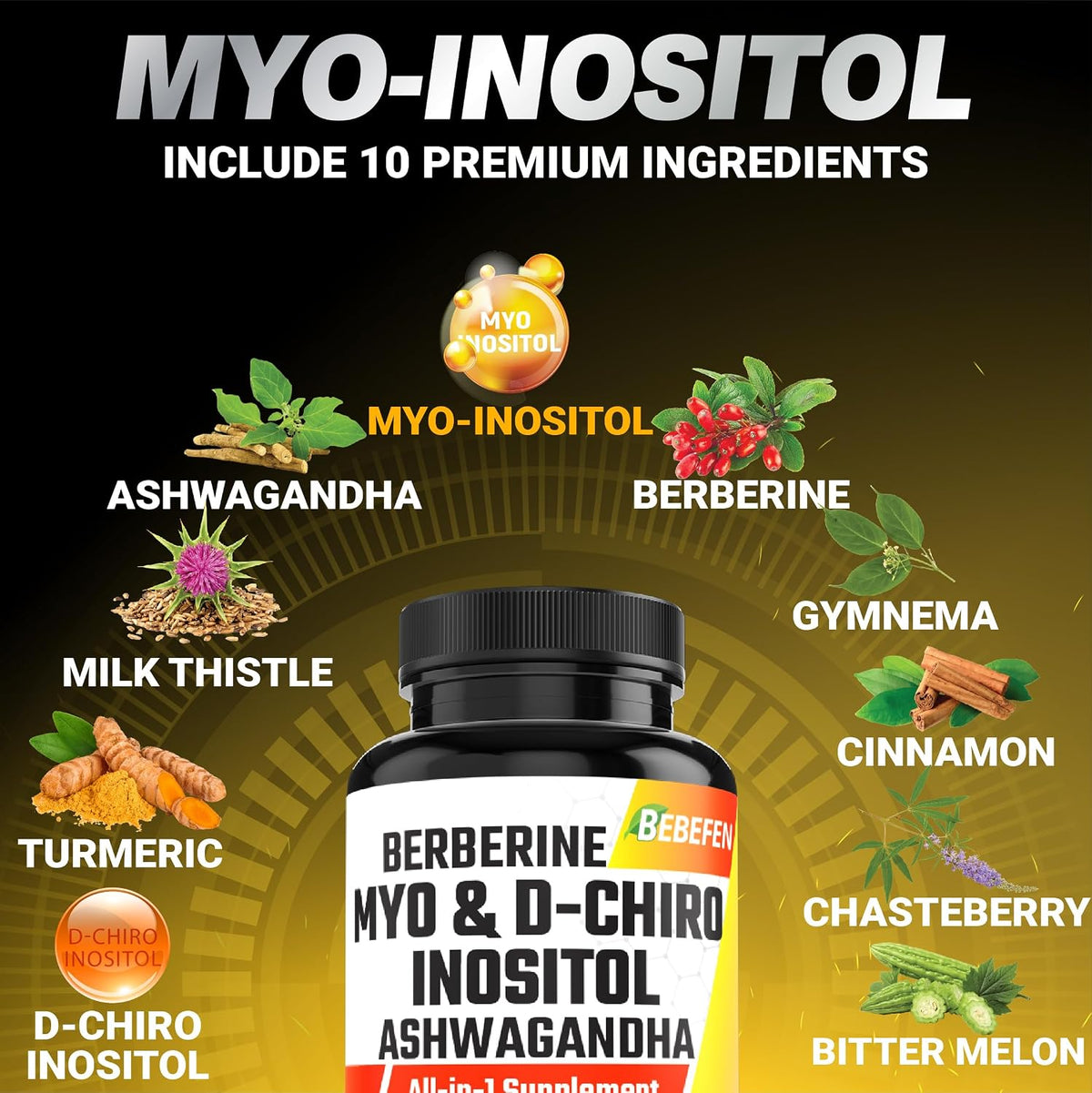 Myo-Inositol & D-Chiro Inositol Capsules with Ashwagandha, Berberine, Cinnamon, Gymnema, Chasteberry, Milk Thistle, Turmeric, Bitter Melon – 90 Capsules - görsel 4
