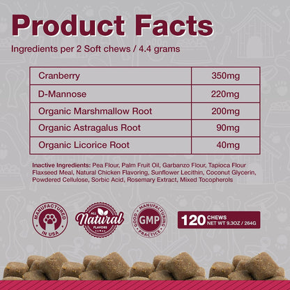 Pawlife Cranberry Supplements for Dogs | Urinary Tract and Bladder Support | D-Mannose and Antioxidants | 120 Veterinarian-Formulated Soft Chews