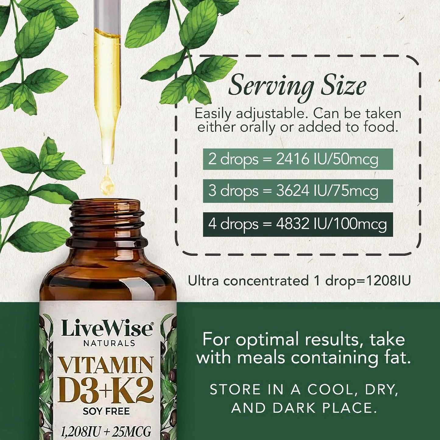 Live Wise Naturals Vitamin D3 & K2 Drops, 1208 IU D3 with 25 mcg K2 (MK-7), 930 Drops - görsel 4