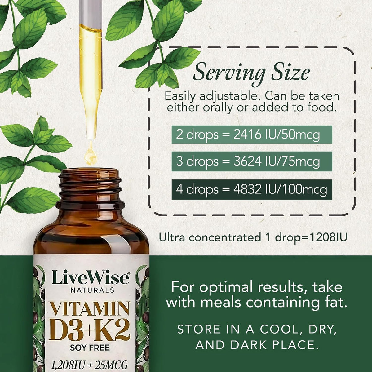Live Wise Naturals Vitamin D3 & K2 Drops, 1208 IU D3 with 25 mcg K2 (MK-7), 930 Drops - görsel 4