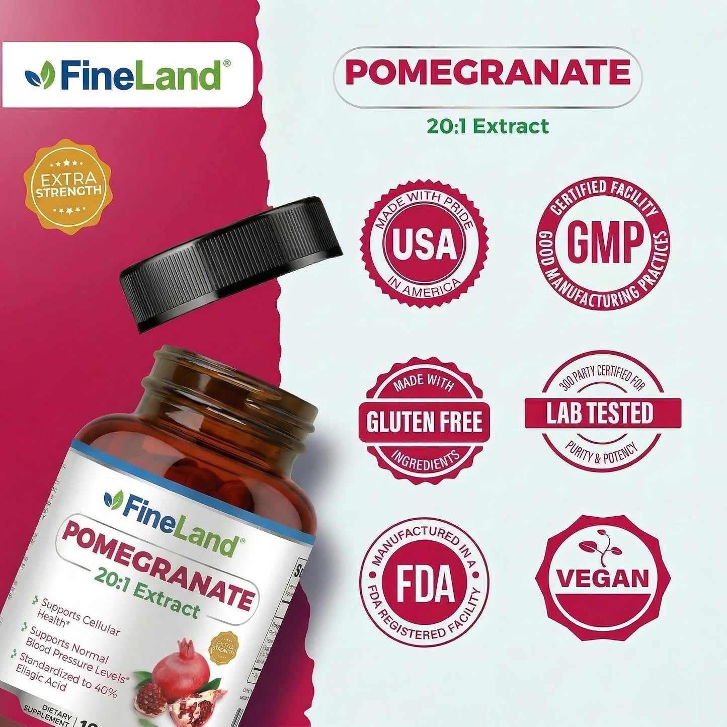 FineLand Pomegranate Extract 20:1 - 40% Ellagic Acid - Antioxidant Supplement - 120 Vegan Capsules - görsel 7