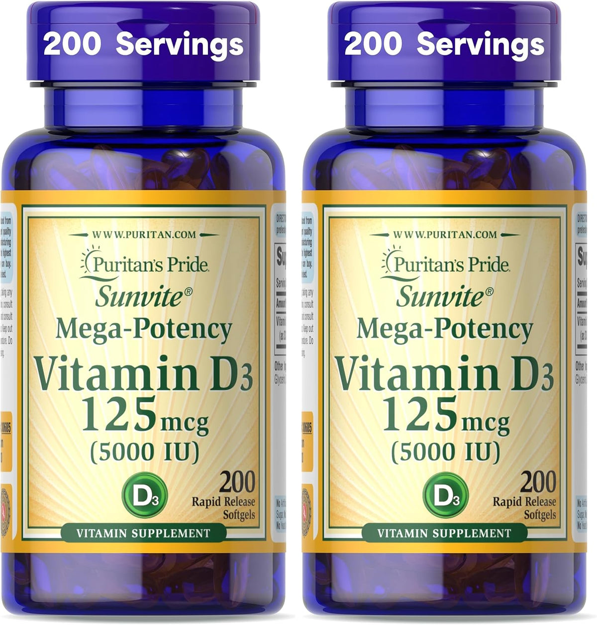 Puritan's Pride Premium Sunvite™ Mega-Potency Vitamin D3 5,000 IU, 200 Rapid Release Softgels - görsel 8