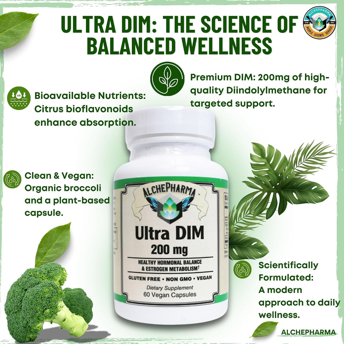 AlchePharma Ultra DIM 200mg – Hormone Balance Supplement with Broccoli Extract, Vegan Capsules - görsel 3