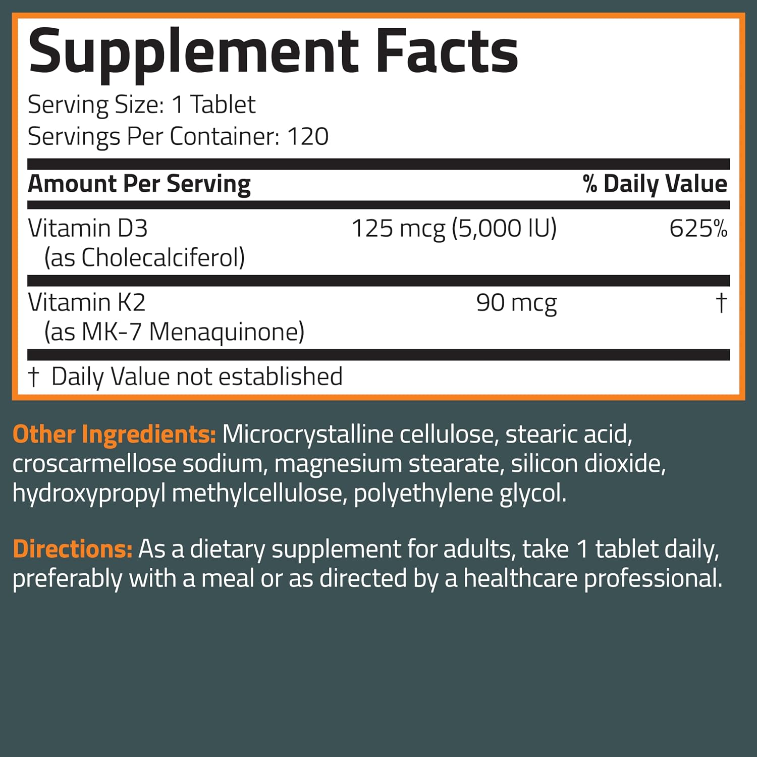 Bronson Vitamin K2 D3 (MK7) Supplement Non-GMO Formula Vitamin D3 5000 IU (125 mcg) & 90 mcg K2 MK-7, Easy to Swallow D & K Complex, 120 Tablets - görsel 8