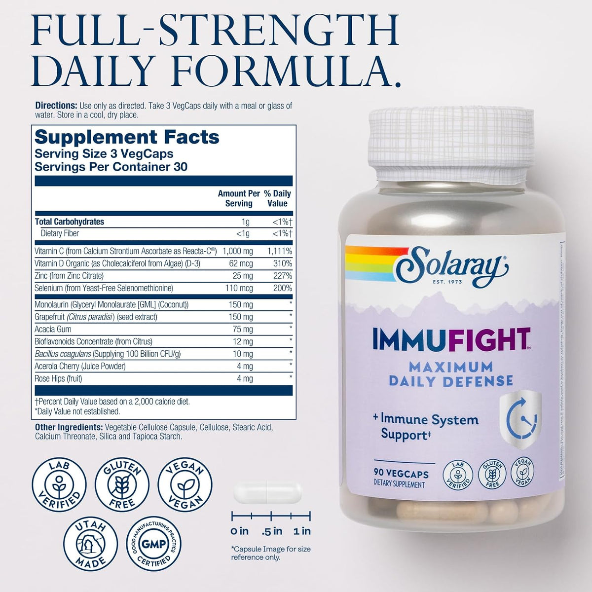 SOLARAY Immufight Maximum Daily Defence - Immune Support with Vitamin C, D, Zinc, Probiotics & Monolaurin - Vegan & Gluten-free - 90 VegCaps (30 Servings) - görsel 2